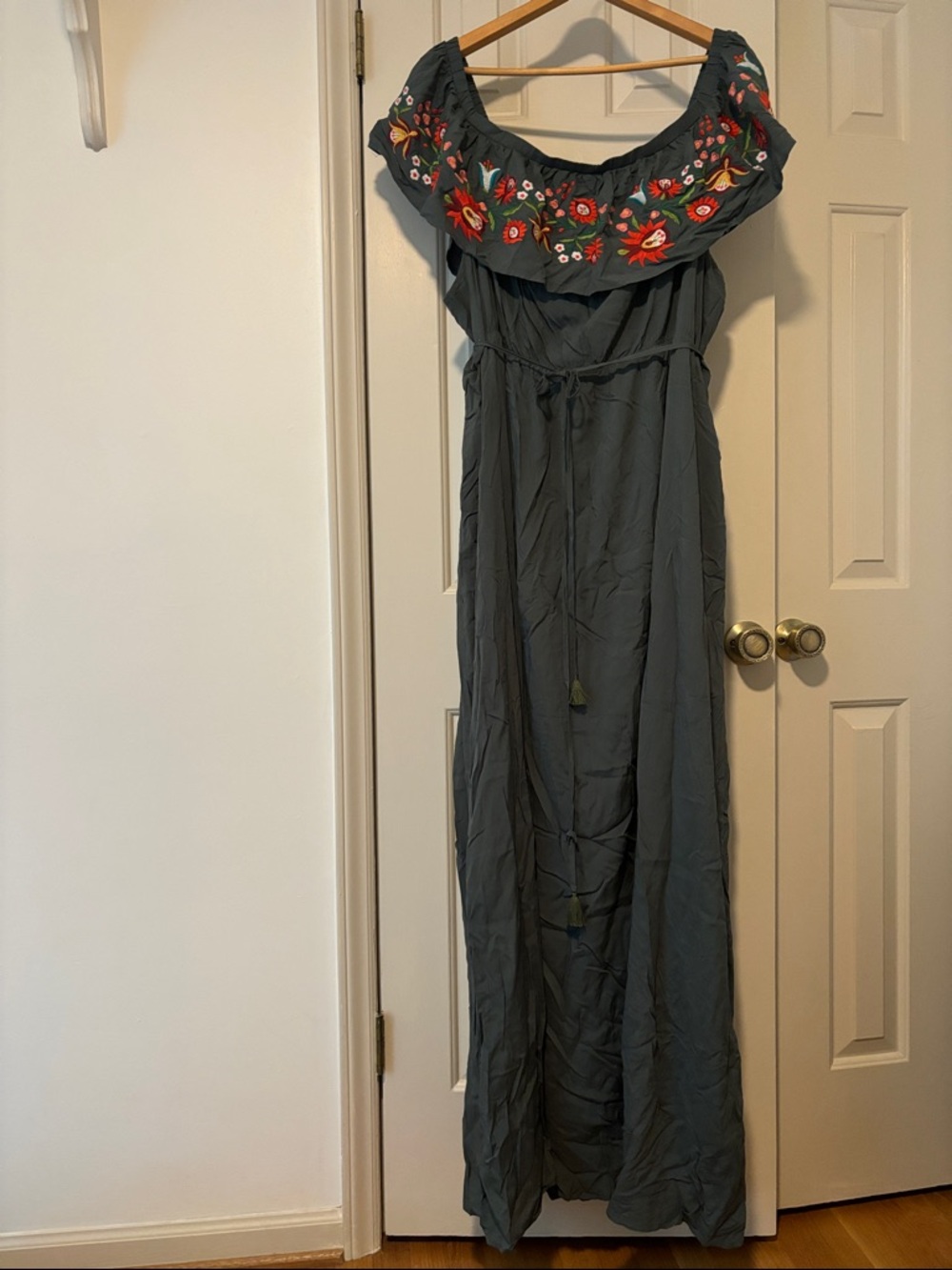 Embroidered Off-Shoulder Maxi Dress in Slate Green